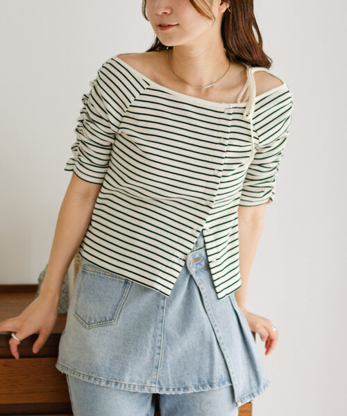 Kastane（カスタネ）の「【新色追加/XS.Fサイズ展開/無地&ボーダー】オフショルテレコ5分袖カットソー（Tシャツ/カットソー・レディース・アイボリー/ブラック系その他/チャコールグレー/ホワイト/ピンク・FREE/X-SMALL）」の21枚目の写真