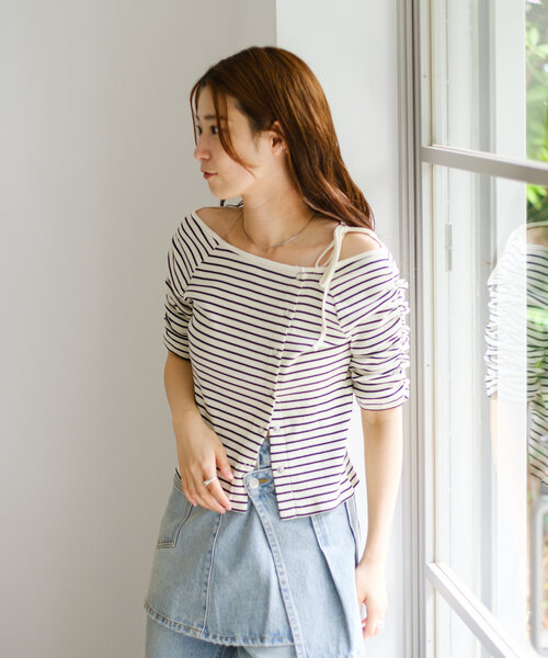 Kastane（カスタネ）の「【新色追加/XS.Fサイズ展開/無地&ボーダー】オフショルテレコ5分袖カットソー（Tシャツ/カットソー・レディース・アイボリー/ブラック系その他/チャコールグレー/ホワイト/ピンク・FREE/X-SMALL）」の22枚目の写真