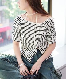 Kastane | 【新色追加/XS.Fサイズ展開/無地&ボーダー】オフショルテレコ5分袖カットソー(Tシャツ/カットソー)