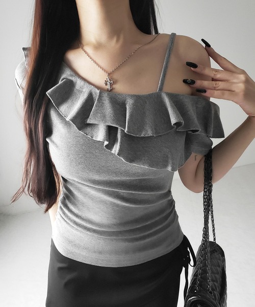 me+em select(ミームセレクト)の「【 3color 】ワンショルストラップフリルリブTシャツ / one shoulder strap frill ribbed T-shirt(Tシャツ/カットソー・レディース・ブラック/グレー/ホワイト・FREE)」の3枚目の写真