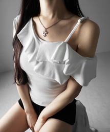 【 3color 】ワンショルストラップフリルリブTシャツ / one shoulder strap frill ribbed T-shirt