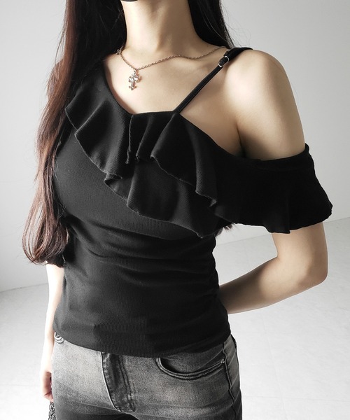me+em select(ミームセレクト)の「【 3color 】ワンショルストラップフリルリブTシャツ / one shoulder strap frill ribbed T-shirt(Tシャツ/カットソー・レディース・ブラック/グレー/ホワイト・FREE)」の2枚目の写真