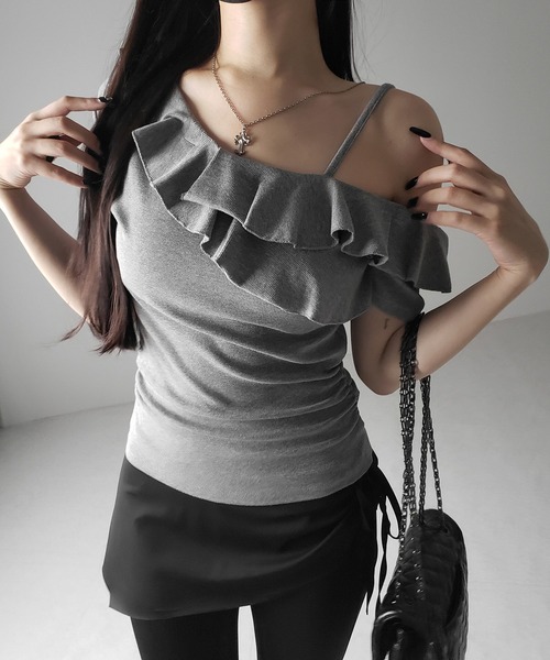 me+em select(ミームセレクト)の「【 3color 】ワンショルストラップフリルリブTシャツ / one shoulder strap frill ribbed T-shirt(Tシャツ/カットソー・レディース・ブラック/グレー/ホワイト・FREE)」の20枚目の写真
