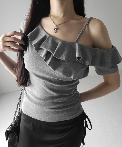 me+em select(ミームセレクト)の「【 3color 】ワンショルストラップフリルリブTシャツ / one shoulder strap frill ribbed T-shirt(Tシャツ/カットソー・レディース・ブラック/グレー/ホワイト・FREE)」の21枚目の写真