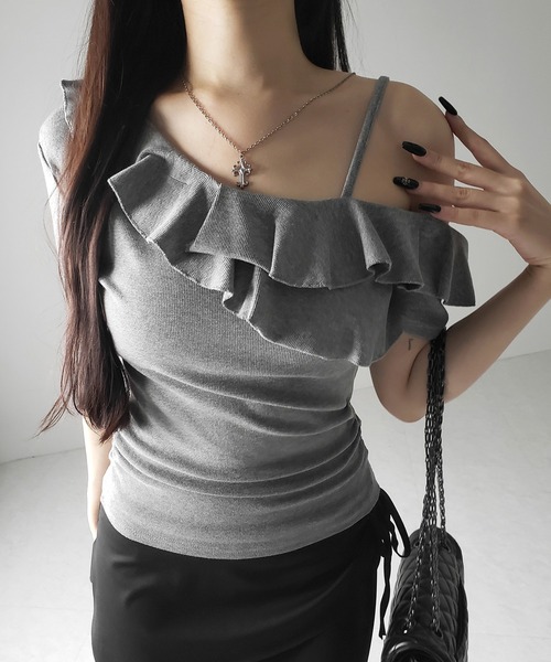 me+em select(ミームセレクト)の「【 3color 】ワンショルストラップフリルリブTシャツ / one shoulder strap frill ribbed T-shirt(Tシャツ/カットソー・レディース・ブラック/グレー/ホワイト・FREE)」の22枚目の写真