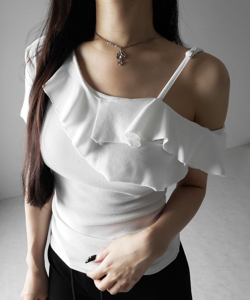 me+em select(ミームセレクト)の「【 3color 】ワンショルストラップフリルリブTシャツ / one shoulder strap frill ribbed T-shirt(Tシャツ/カットソー・レディース・ブラック/グレー/ホワイト・FREE)」の11枚目の写真