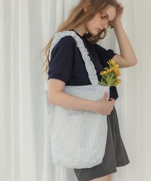 HEILIS（ヘイリス）の「ロゴ刺繍フリルトートバッグ/チェック A４ トート 韓国 フリル ガーリー シティガール 通学 サブバッグ 推し活 カバン バッグ（トートバッグ）」