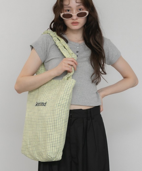 セール】ロゴ刺繍フリルトートバッグ/チェック A4 トート 韓国