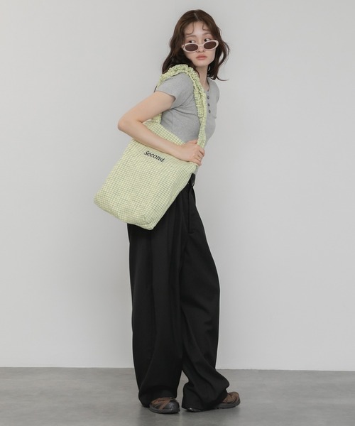 ロゴ刺繍フリルトートバッグ/チェック A4 トート 韓国 フリル