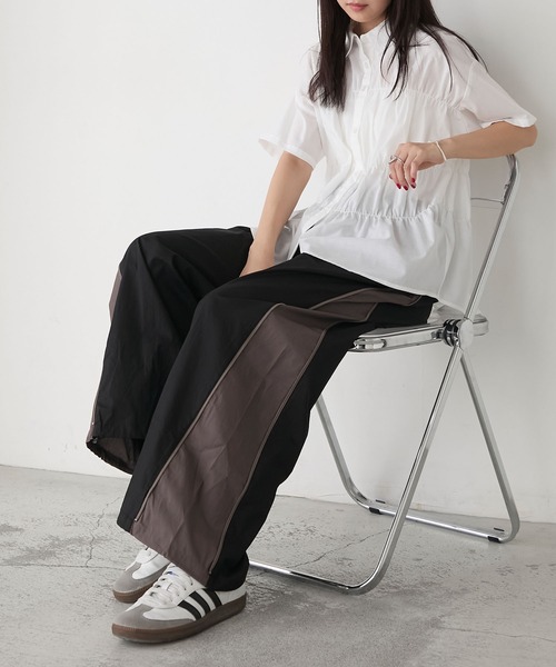 セール】【forksy.】サイド切替ジップアップワイドパンツ
