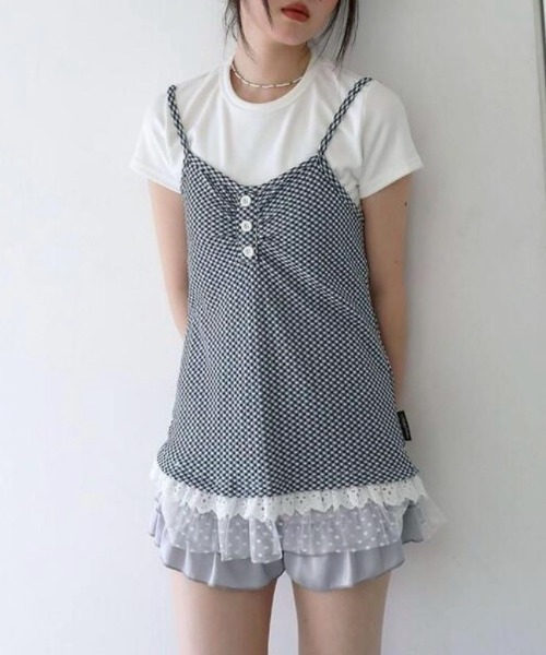【Uglyshadow】CHECKERED LACE SLEEVELESS / 【アグリーシャドウ】チェックレースキャミソールチュニック