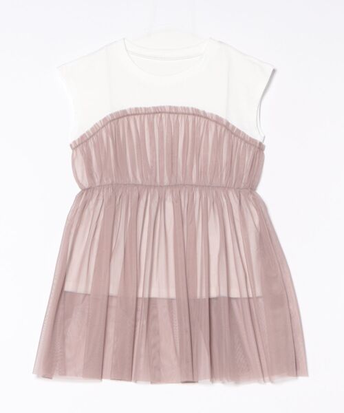 STYLEBLOCK（スタイルブロック）の「天竺×チュールドッキングフレンチTシャツ（Tシャツ/カットソー・レディース・グレイッシュベージュ/ホワイト×ブラック/チャコールグレー/ベージュ・M）」の4枚目の写真