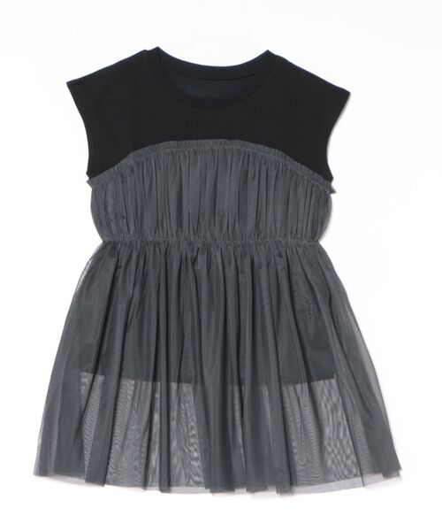 STYLEBLOCK（スタイルブロック）の「天竺×チュールドッキングフレンチTシャツ（Tシャツ/カットソー・レディース・グレイッシュベージュ/ホワイト×ブラック/チャコールグレー/ベージュ・M）」の3枚目の写真