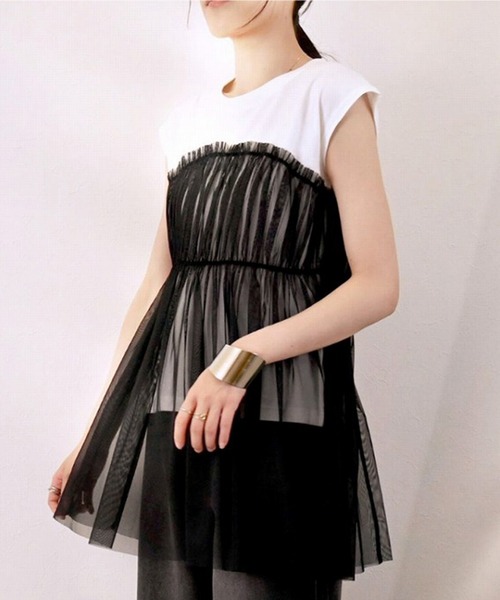 STYLEBLOCK（スタイルブロック）の「天竺×チュールドッキングフレンチTシャツ（Tシャツ/カットソー・レディース・グレイッシュベージュ/ホワイト×ブラック/チャコールグレー/ベージュ・M）」の2枚目の写真