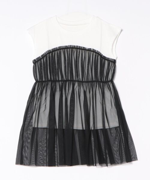 STYLEBLOCK（スタイルブロック）の「天竺×チュールドッキングフレンチTシャツ（Tシャツ/カットソー・レディース・グレイッシュベージュ/ホワイト×ブラック/チャコールグレー/ベージュ・M）」の6枚目の写真