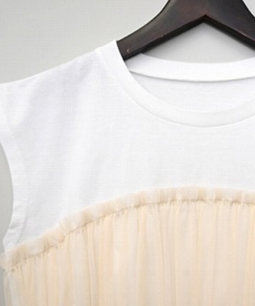 STYLEBLOCK（スタイルブロック）の「天竺×チュールドッキングフレンチTシャツ（Tシャツ/カットソー・レディース・グレイッシュベージュ/ホワイト×ブラック/チャコールグレー/ベージュ・M）」の9枚目の写真