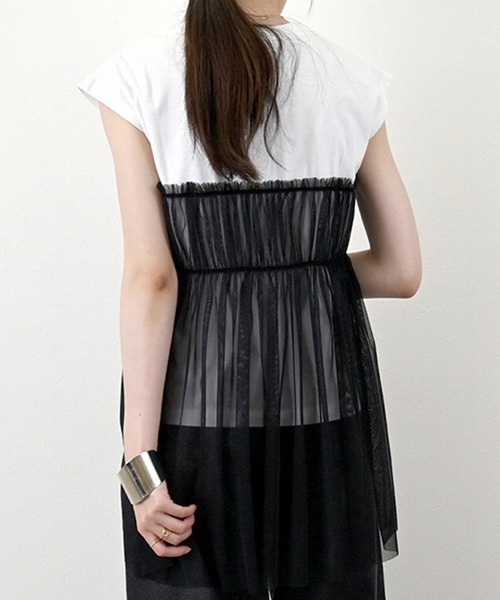 STYLEBLOCK（スタイルブロック）の「天竺×チュールドッキングフレンチTシャツ（Tシャツ/カットソー・レディース・グレイッシュベージュ/ホワイト×ブラック/チャコールグレー/ベージュ・M）」の7枚目の写真