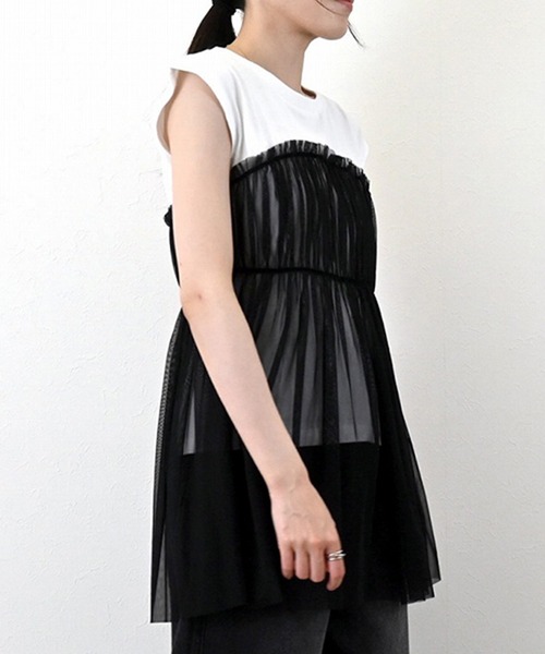 STYLEBLOCK（スタイルブロック）の「天竺×チュールドッキングフレンチTシャツ（Tシャツ/カットソー・レディース・グレイッシュベージュ/ホワイト×ブラック/チャコールグレー/ベージュ・M）」の8枚目の写真