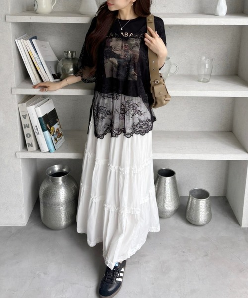 TREOVER(トレオーバー)の「【レイヤードで華やかな印象に♪】Vネックレースオーバーブラウス(Tシャツ/カットソー・レディース・オフホワイト/ブラック・FREE)」の10枚目の写真