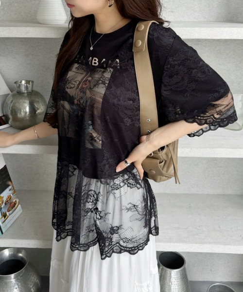 TREOVER(トレオーバー)の「【レイヤードで華やかな印象に♪】Vネックレースオーバーブラウス(Tシャツ/カットソー・レディース・オフホワイト/ブラック・FREE)」の11枚目の写真