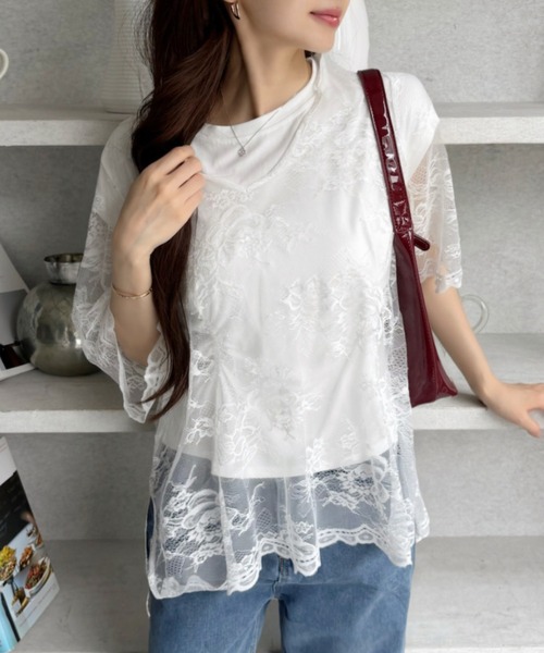 TREOVER(トレオーバー)の「【レイヤードで華やかな印象に♪】Vネックレースオーバーブラウス(Tシャツ/カットソー・レディース・オフホワイト/ブラック・FREE)」の16枚目の写真