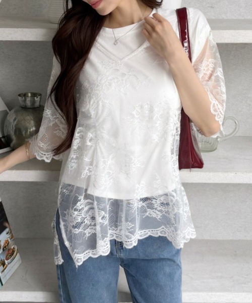 TREOVER(トレオーバー)の「【レイヤードで華やかな印象に♪】Vネックレースオーバーブラウス(Tシャツ/カットソー・レディース・オフホワイト/ブラック・FREE)」の20枚目の写真