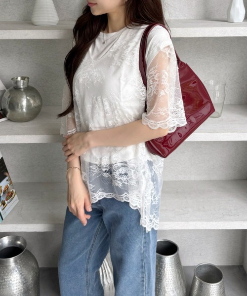 TREOVER(トレオーバー)の「【レイヤードで華やかな印象に♪】Vネックレースオーバーブラウス(Tシャツ/カットソー・レディース・オフホワイト/ブラック・FREE)」の15枚目の写真