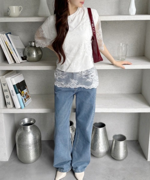 TREOVER(トレオーバー)の「【レイヤードで華やかな印象に♪】Vネックレースオーバーブラウス(Tシャツ/カットソー・レディース・オフホワイト/ブラック・FREE)」の5枚目の写真