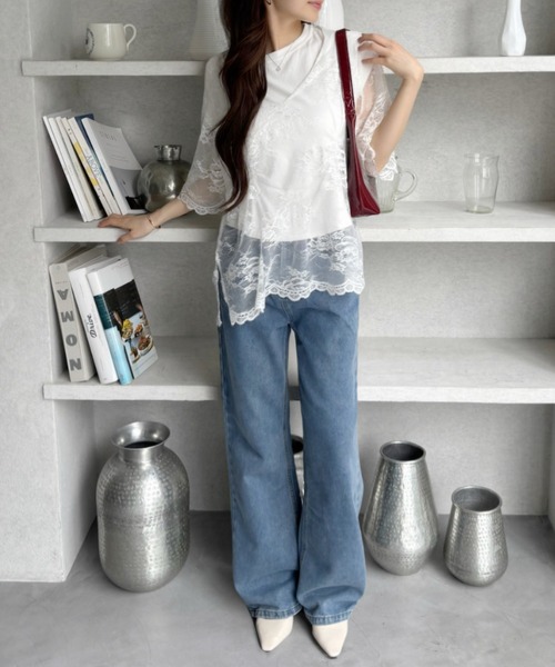 TREOVER(トレオーバー)の「【レイヤードで華やかな印象に♪】Vネックレースオーバーブラウス(Tシャツ/カットソー・レディース・オフホワイト/ブラック・FREE)」の17枚目の写真