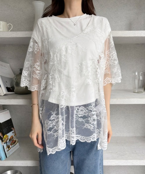 TREOVER(トレオーバー)の「【レイヤードで華やかな印象に♪】Vネックレースオーバーブラウス(Tシャツ/カットソー・レディース・オフホワイト/ブラック・FREE)」の18枚目の写真