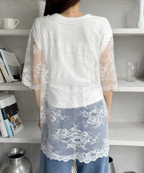 TREOVER(トレオーバー)の「【レイヤードで華やかな印象に♪】Vネックレースオーバーブラウス(Tシャツ/カットソー・レディース・オフホワイト/ブラック・FREE)」の8枚目の写真