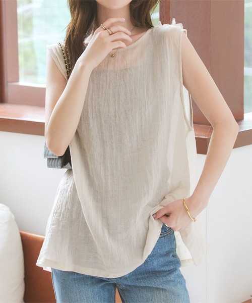 KOBE LETTUCE（コウベレタス）の「2wayシアーガーゼフリルジレ（ベスト・レディース・グレイッシュベージュ/ブラック/ブルー・M）」の8枚目の写真