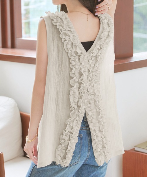 KOBE LETTUCE（コウベレタス）の「2wayシアーガーゼフリルジレ（ベスト・レディース・グレイッシュベージュ/ブラック/ブルー・M）」の9枚目の写真