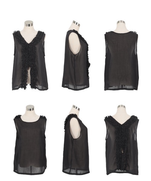 KOBE LETTUCE（コウベレタス）の「2wayシアーガーゼフリルジレ（ベスト・レディース・グレイッシュベージュ/ブラック/ブルー・M）」の10枚目の写真