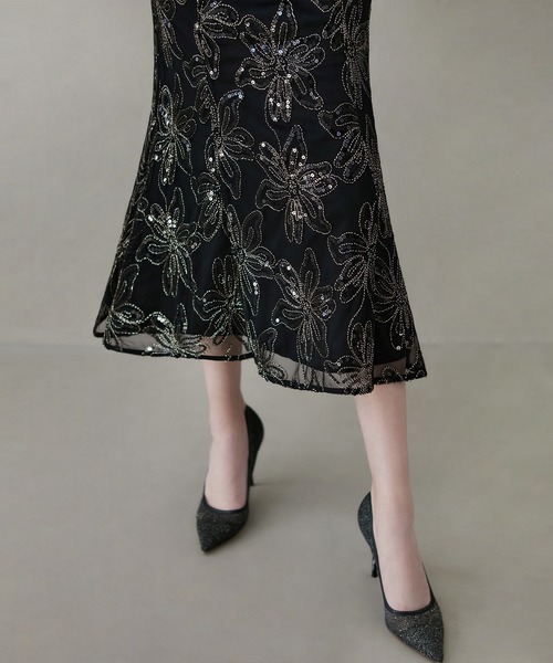 LEJA】スパンコールフラワーリボンチュールワンピースドレス