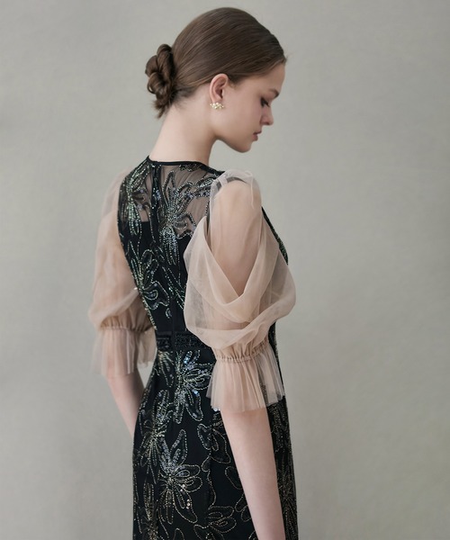 スパンコールフラワーリボンチュールワンピースドレス結婚式パーティー成人式二次会 セール】【LEJA】スパンコールフラワーリボンチュールワンピース