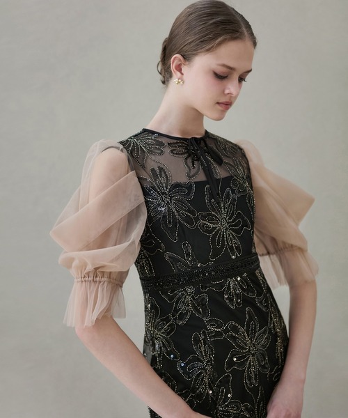 LEJA】スパンコールフラワーリボンチュールワンピースドレス