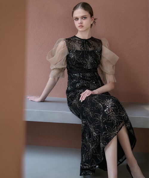 【お値下げ】leja スパンコール　結婚式　お呼ばれドレス　Mサイズ Leja ドレス 「LEJA」スパンコール刺繍レースプチハイネックA