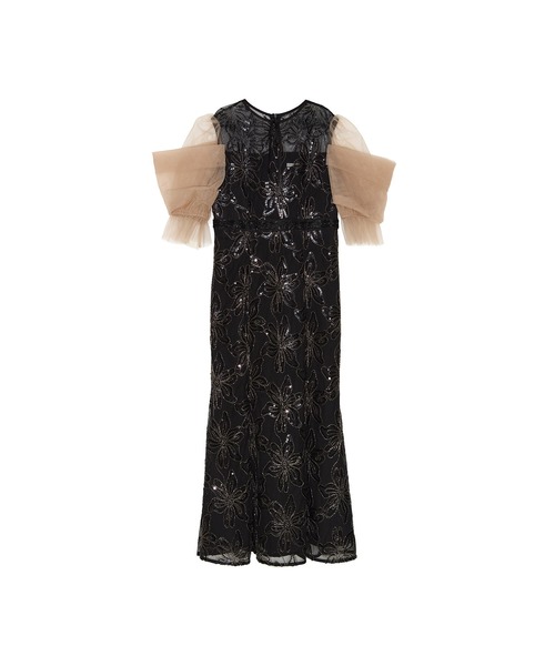 セール】【LEJA】スパンコールフラワーリボンチュールワンピース