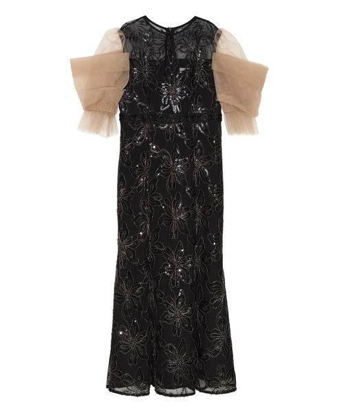 LEJA】スパンコールフラワーリボンチュールワンピースドレス 美脚効果