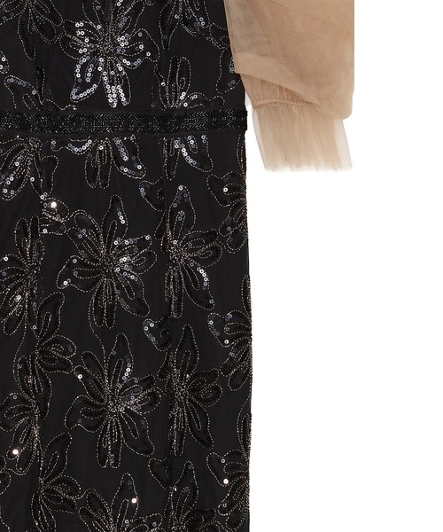 LEJA】スパンコールフラワーリボンチュールワンピースドレス 美脚効果