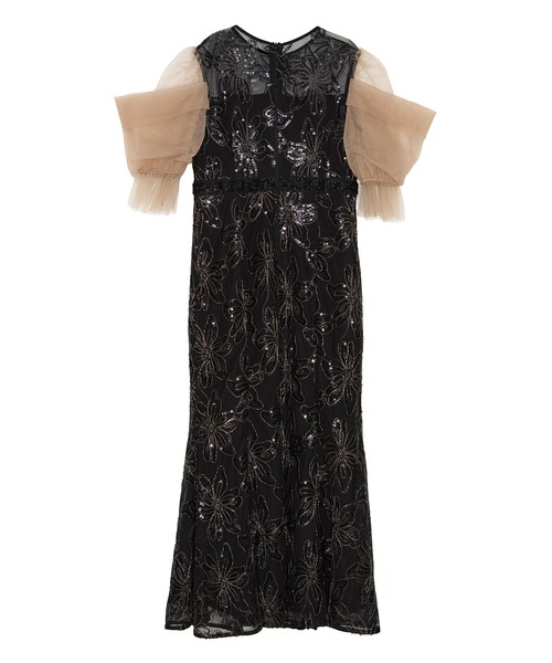 セール】【LEJA】スパンコールフラワーリボンチュールワンピースドレス