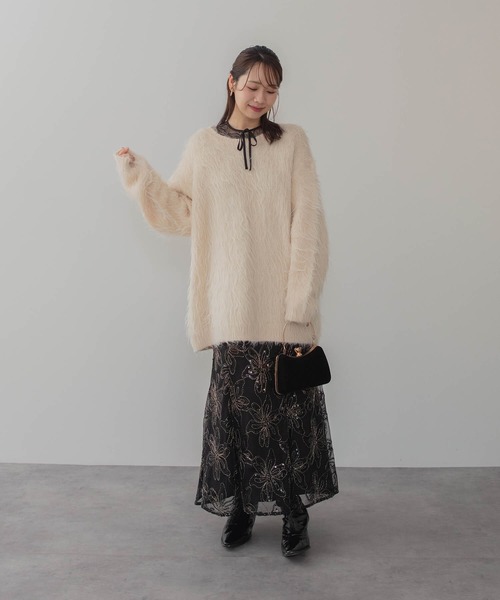 セール】【LEJA】スパンコールフラワーリボンチュールワンピースドレス