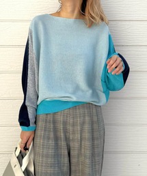 Q | ブロックカラー横リブドルマンニット(ニット/セーター)