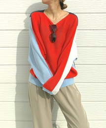 Q | ブロックカラー横リブドルマンニット(ニット/セーター)