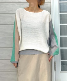 Q | ブロックカラー横リブドルマンニット(ニット/セーター)