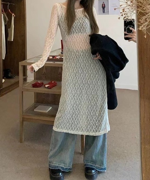 Teem Store(チームストア)の「透け感 レースシアーロングワンピース レイヤード(ワンピース・レディース・ブラック/アイボリー・F)」の1枚目の写真