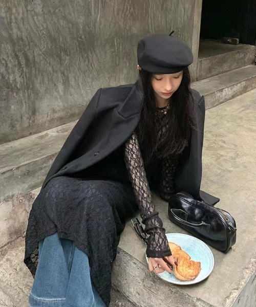 Teem Store(チームストア)の「透け感 レースシアーロングワンピース レイヤード(ワンピース・レディース・ブラック/アイボリー・F)」の2枚目の写真