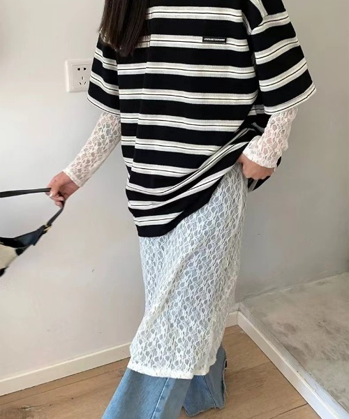Teem Store(チームストア)の「透け感 レースシアーロングワンピース レイヤード(ワンピース・レディース・ブラック/アイボリー・F)」の15枚目の写真