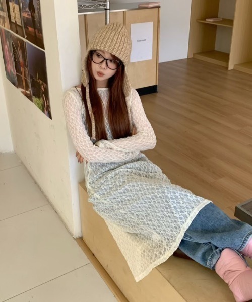 Teem Store(チームストア)の「透け感 レースシアーロングワンピース レイヤード(ワンピース・レディース・ブラック/アイボリー・F)」の7枚目の写真
